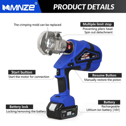 Straight Up Electric Hydraulic Cable Lug Crimper Pliers with replaceable crimping mold and lithium ion battery.