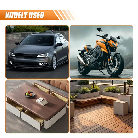 High Pressure Car Wash Gun With 4350 PSI Max Quick Connect One Quarter Inch Outlet And Five Nozzles For Fast Easy Car Cleaning M22 14 Thread Inlet Auto Cleaning Sprayer Tool shown in use on car and motorcycle, and suitable for patio and furniture cleaning.
