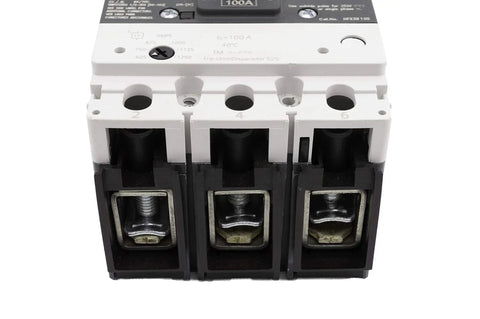 Heavy Duty 100 Amp Circuit Breaker Three Pole 480 Volt Unit With 65Ka Interrupt Rating showcasing three poles and terminal access.