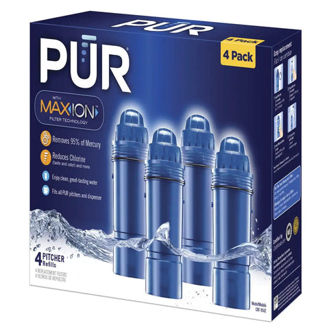 Box of genuine replacement filter for pitcher water filtration system pack of 4 that reduces 22 contaminants and delivers cleaner tasting water, fits all pitchers.