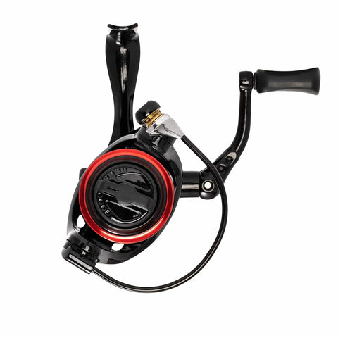 Front view of VC20BB Finesse 2000 Sized Spinning Reel With Dope Carbon Fiber Frame For Lightweight Strength, red and black design.