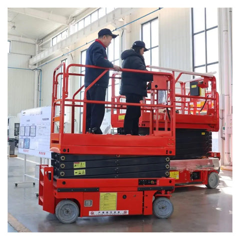 Built Like A Tank Battery Powered Vertical Mast Lift With Heavy Duty Steel And Smart Overload Guards For Smooth Walking Scissor Work At Top Shelf Heights with operators in a warehouse.