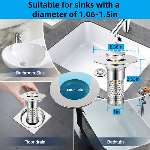 Hella Solid Bathroom Pop Up Sink Drain Strainer Two Pack Stainless Steel Hair Catcher Filter Basket dimensions for bathroom sink and floor drain