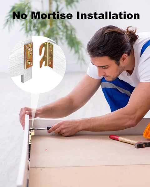 Man installing 8 Sets Heavy Duty Bed Rail Brackets Non Mortise Galvanized Steel Mounting Kit With Screws for stability.