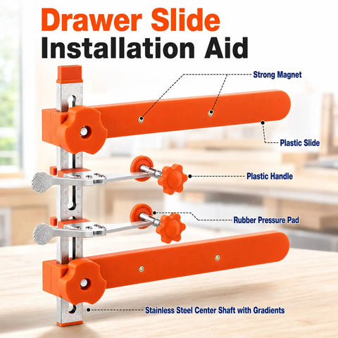 Pro Grade Drawer Slide Installation Jig With Knockout Toggle Clamp And Magnetic Aligner for precise alignment features strong magnet and plastic components.