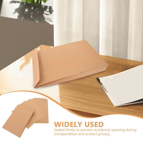 Kraft Self Seal Mailing Envelopes 238x335x40mm with double sided adhesive tape on wooden table for shipping documents and clothing