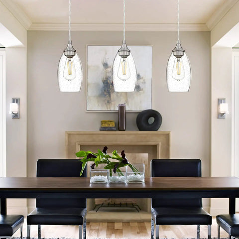 One Light Indoor Mini Hanging Pendant Lamps Set For Kitchen Island And Bar Handcrafted Glass Chandelier Shades In Seeded Clear Glass With Black Brushed Nickel Finish Perfect For Dining Room Breakfast Bar And Countertop Setup 3 Pack over dining table.