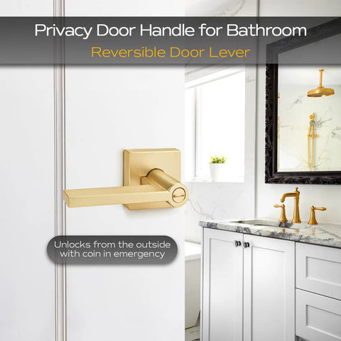 Modern bathroom with Six Pack Gold Door Handles With Satin Brass Levers For Interior Privacy Doors No Keys Needed Featuring Thumb Turn Lock And Emergency Release For Bedrooms And Bathrooms Left Or Right Handed Doors.