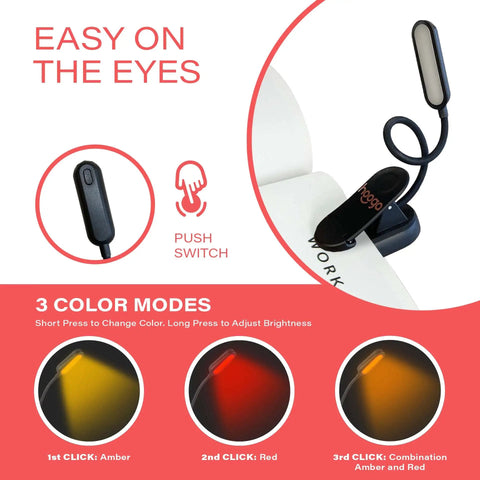 Sleek Rechargeable Clip On Book Light Blocking Blue Light With Amber And Red Led Stepless Dimming For Late Night Reads in three color modes.