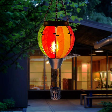 Colorful Hot Air Balloon Solar Lantern With Flickering Flame Light Glass Hanging Outdoor Lanterns Waterproof for patio decor.
