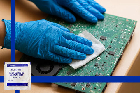Cleanse 99.9% isopropyl alcohol wipe packet; blue-gloved hands wipe a green circuit board.