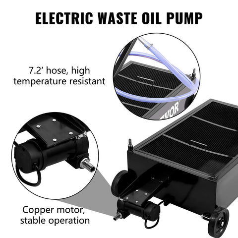 Low Profile 25 Gallon Oil Drain Pan With 110V High Flow Electric Pump and 7.2 ft hose, featuring a copper motor on rolling cart