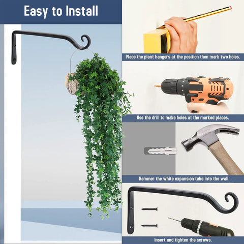 Heavy Duty Metal Wall Hooks For Hanging Plants 10 Inch 2 Pack Rust Resistant Black installed with potted plant in home setting.