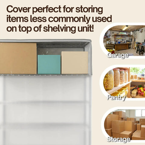 Premium Five Tier Shelving Top Cover Guard Works As A Heavy Duty Rack Saver For Metal Frames Featuring Clear Front Panel to protect items on top of shelving.