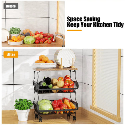 Five Tier Stackable Fruit And Veggie Storage Baskets With Wheels showing organized kitchen with metal wire frame