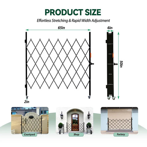Tough As Nails Folding Security Gate With Lockable Scissor Design And 360 Swivel Casters For Outdoor Barricades Garage Entries Or Pool Perimeters That Locks Down Smooth Every Single Time, measuring 65x50 inches, shown in use.