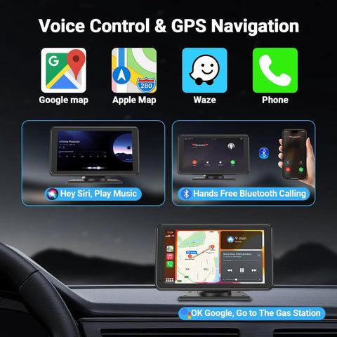 Voice control and GPS features of Wireless Portable 7 Inch Touchscreen Car Stereo With Bluetooth Voice Control HD 1080p Display