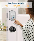 Fingerprint Door Lock With Keyless Entry And Code Smart Deadbolt shown installed on white front door with user interaction.