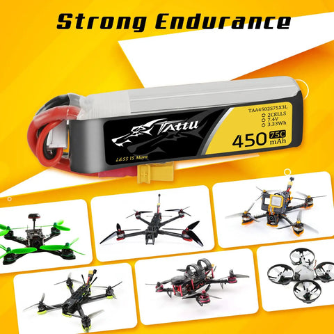 4 Pack 450mAh 7.4V 75C 2S LiPo Battery Pack With XT30 Plug For H Frame Betafpv Drones, yellow background, various drone images