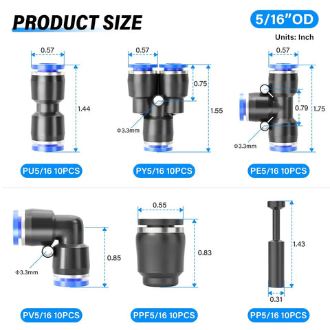Diagram showing dimensions of connectors in 5/16 Inch OD Push To Connect Pneumatic Fittings Kit, 60-Piece Quick Connect Air Line Set.