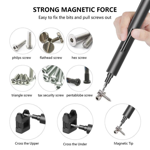Compact Mini Electric Screwdriver Kit With 55 Bits showing magnetic tip and various screw types.
