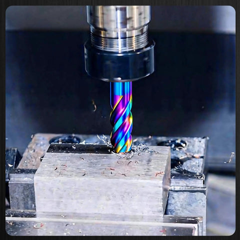 Beefy Solid Carbide End Mill With Nano Coating 55 Degree Helix Cutter For CNC Milling Half Inch Shank in use on metal block