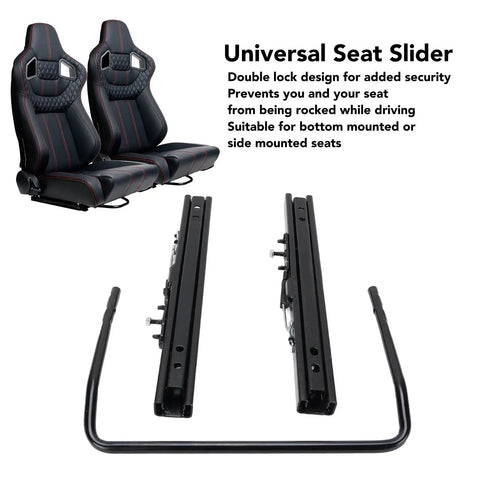 Universal Seat Sliders With Dual Lock Design For Bottom Or Side Mounted Seats, black steel sliders with bracket