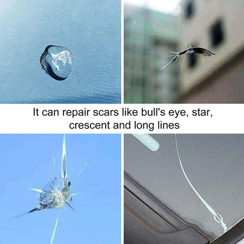 No Fuss Windshield Crack Repair Kit for Chips and Small Cracks, demonstrating repair capability on various glass damage types.