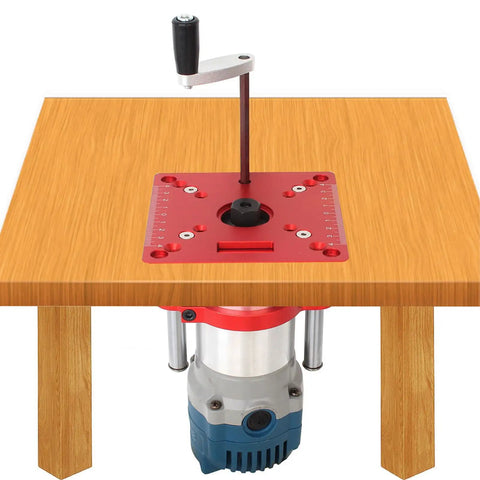 Router Table Lift System With Circle Clamping Fits 63.5–65mm Milling Machines, CNC Precision Processed Aluminum With Anodized Finish, Beefy Heavy Duty Woodworking Jig For DIY Projects, Home Shop Upgrades, And Accurate Milling Work mounted in a wooden table