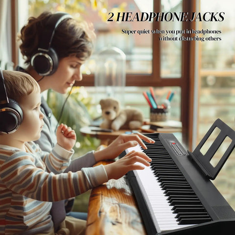Woman and child playing Foldable 88 Key Electronic Keyboard Piano With Portable Bag, Pro Pedal, Stereo Headphones, And Bluetooth MIDI Function, Ultra Light 5.1lb Foldable Design, Black, both wearing headphones.
