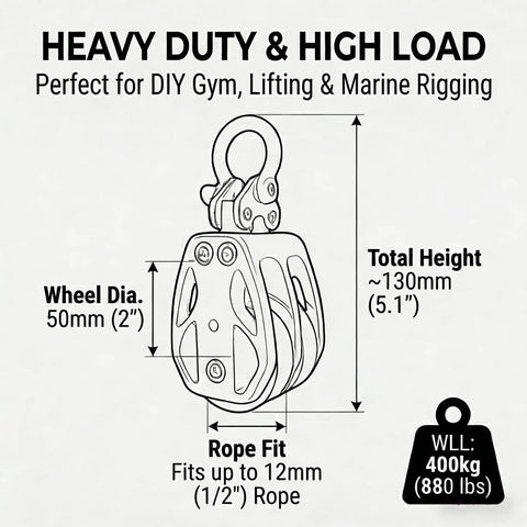 Diagram of Double Pulley Block 50mm with 316 Stainless Steel, showing dimensions, 880 lb capacity for gym, marine rigging.