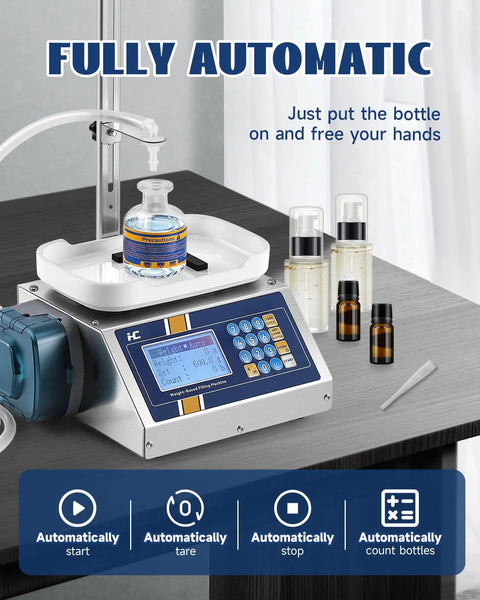 Straight Up Automatic Liquid Filler Machine With Digital Scale And Heavy Duty Peristaltic Pump For Essential Oil Perfume And Spray Bottles on a wooden table.