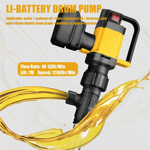 Heavy Duty 1000W Electric Drum Pump With 36V Rechargeable Battery For Fast Fuel Transfer Of Diesel Kerosene Water Includes Hose High Flow 130L Per Min And 7M Lift Power Brushless Motor with yellow body and liquid flow.