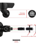 75mm x 23mm Luggage Wheels Replacements Set of 2 Mute Suitcase Replacement Wheels with Black Screws Axles Bearings, showing dimensions and parts