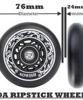 76mm 90a Ripsurf Wheels w/Bearings ABEC-9 for DLX Caster Board, Deluxe Junior Skateboard, side and front view