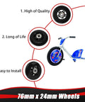76mm x 24mm Wheels Replacement for 360 PowerRider RipRider features, quality, durability, and installation ease illustrated