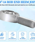 7/8-14 Heim joint rod end kit economy with jam nuts, shown in close-up, highlighting threaded shaft and smooth joint.
