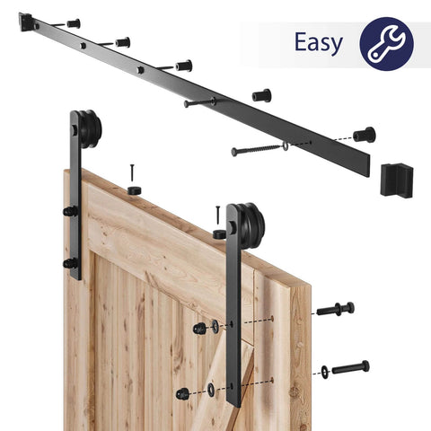 7ft Barn Door Hardware Kit with I shape hanger, black sliding door track installation guide in progress with screws and nylon rollers visible.