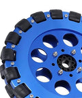 Close-up of 8 Inch Omni Wheel Omnidirectional Aluminium Alloy Hub Component with Silicone Rollers for DIY Robot Cars.