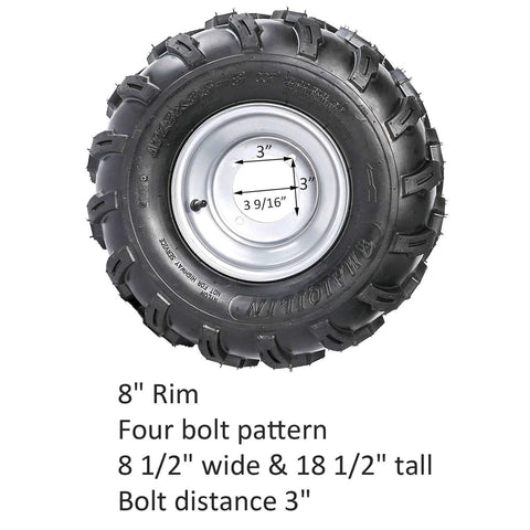 Go kart tire with 8" rim and four-bolt pattern, dimensions 8.5" wide and 18.5" tall, for 1" Steel Live Axle with 18x9.5-8 Tubeless Wheels Tires