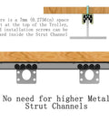 Diagram showing 8 Wheel Trolley Assembly Rollers with Sealed Bearings for 1-5/8 Inch Strut Channel, highlighting clearance and installation view.