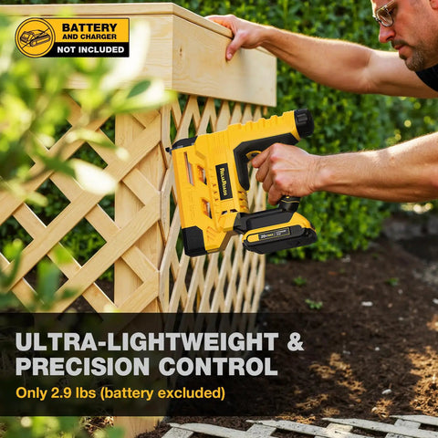 Badass Two In One Cordless Brad Nailer And Quarter Crown Stapler used on lattice wood panel outdoors, weighs 2.9 lbs.