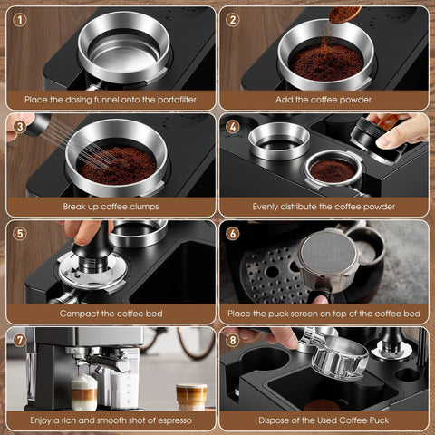 Kickass 58mm Espresso Accessories Kit With Integrated Tamping Station Knock Box Tamper steps to brew espresso at home.