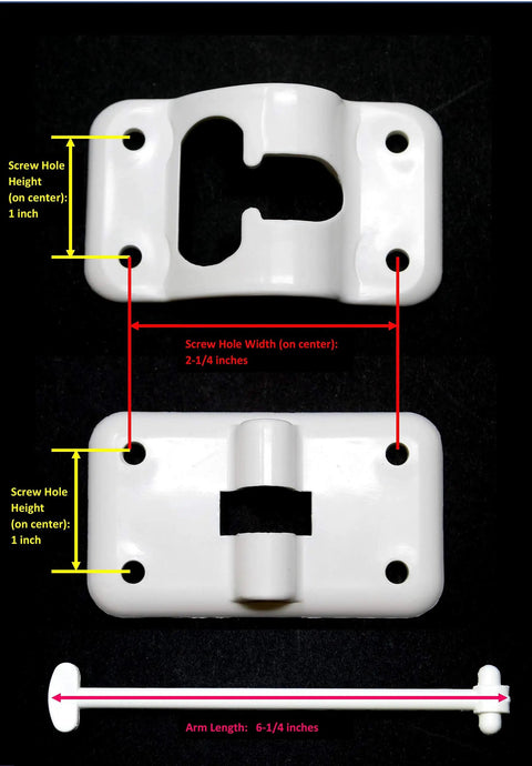 White 6 Inch T Style Entry Door Catch Latch Holder For RV Camper Trailer Hatch Assembly Kit Keeps Swinging Doors In Check Prevents Damage Easy Install Includes 2 Kits Screws Not Included showing screw hole dimensions and arm length on black background.