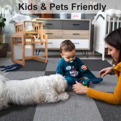 DIY 20x20 Carpet Tile Set With Self Adhesive Strips in living room, dual color light and dark gray, child and dog playing on floor