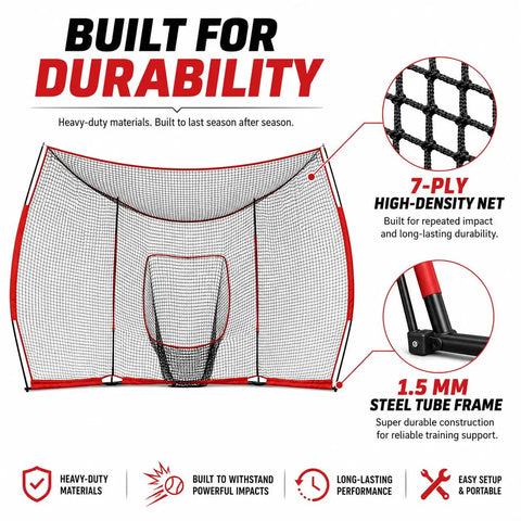 Portable Baseball Backstop Net With Batting Tee And Ball Caddy Collapsible Softball Batting Cage showing durable 7-ply net and steel tube frame.