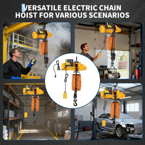 Super Heavy Duty 2200 Lbs Electric Chain Hoist With 20 Ft Lifting Height, Rock Solid 1 Ton Winch For Garage And Shop Work Using 110V Power in use.