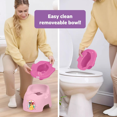 User demonstrating easy cleanup of the removable bowl for Disney Princess Toddler Potty Training Seat Big Kid Leap.
