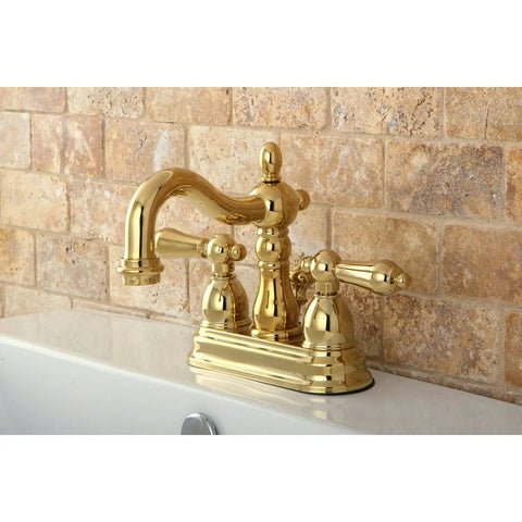 Heritage Classic 4-Inch Centerset Lavatory Faucet With Metal Lever Handle In Polished Brass, deck mount on white sink
