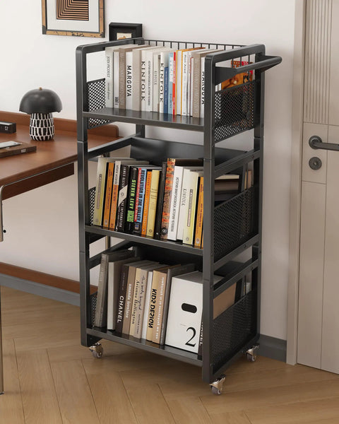 Super Sturdy Double Sided Rolling Book Cart With Triple Tier Open Shelving And Magnetic Book Supports Built Tough For Busy Libraries And Classrooms Across America in a modern classroom setting.